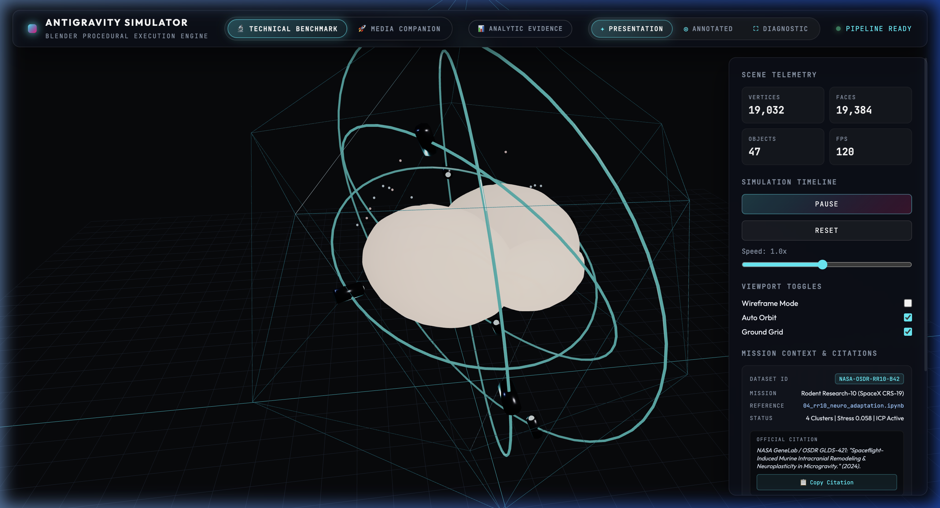 Rendered 3D Murine Neural Proxy in WebGL viewer with telemetry rings and background PCA constellation